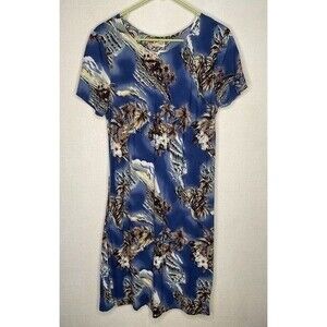 VTG Hilo Hattie Blue Hawaiian Tropical Short Sleeve Midi Dress Women Size L
